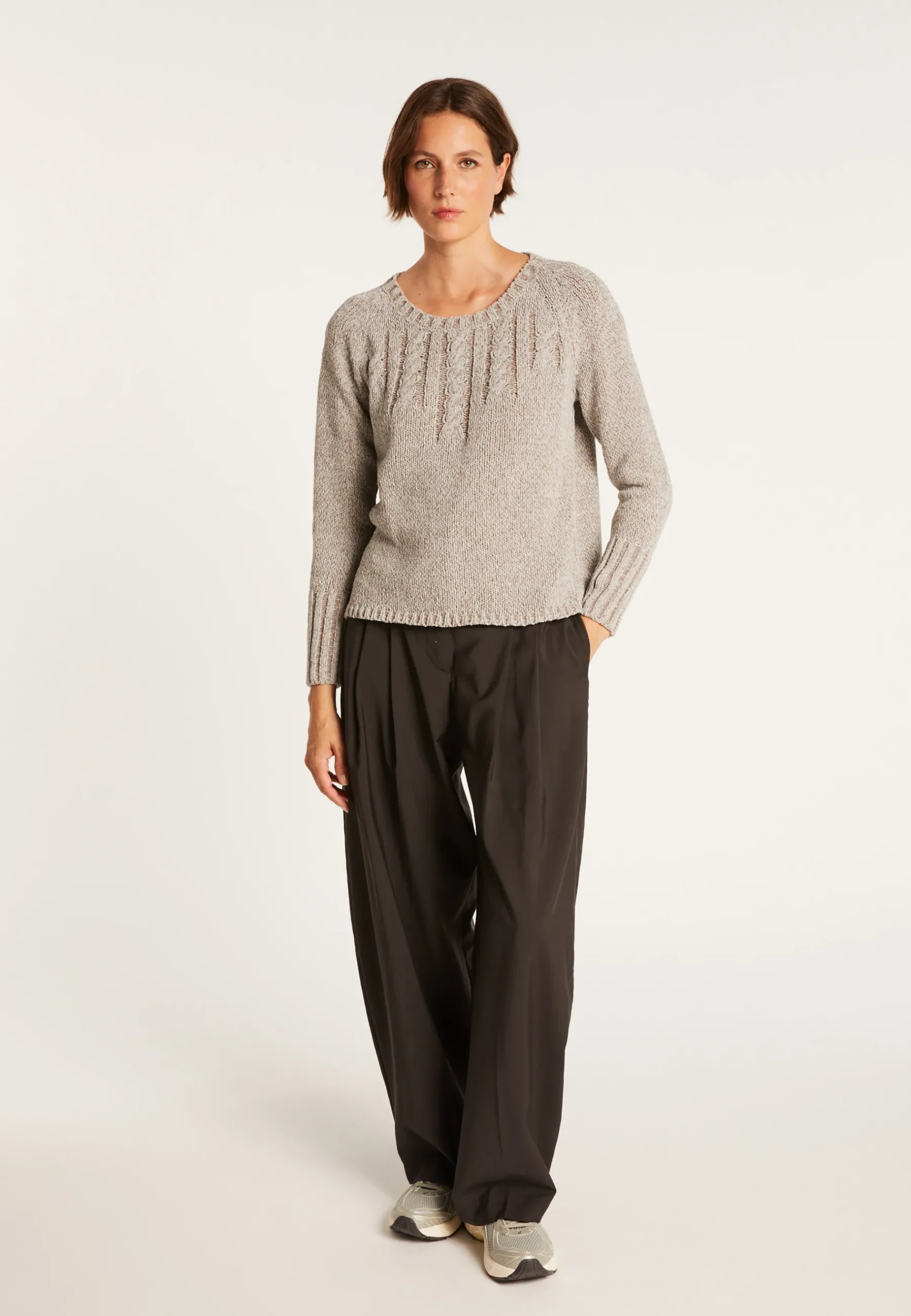 Montagut Pulls-Pull avec torsades en soie laine velours - Bahamas 11-Gris clair