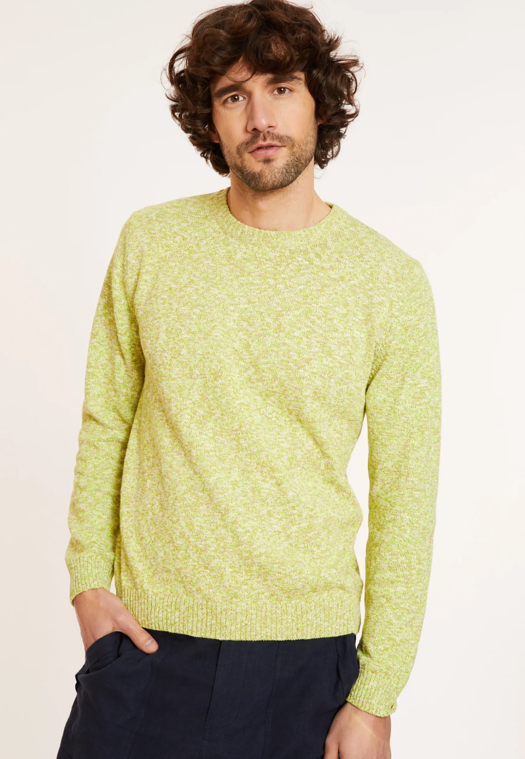 Montagut Pulls-Pull chiné col rond en coton - Doume 90-Vert anis