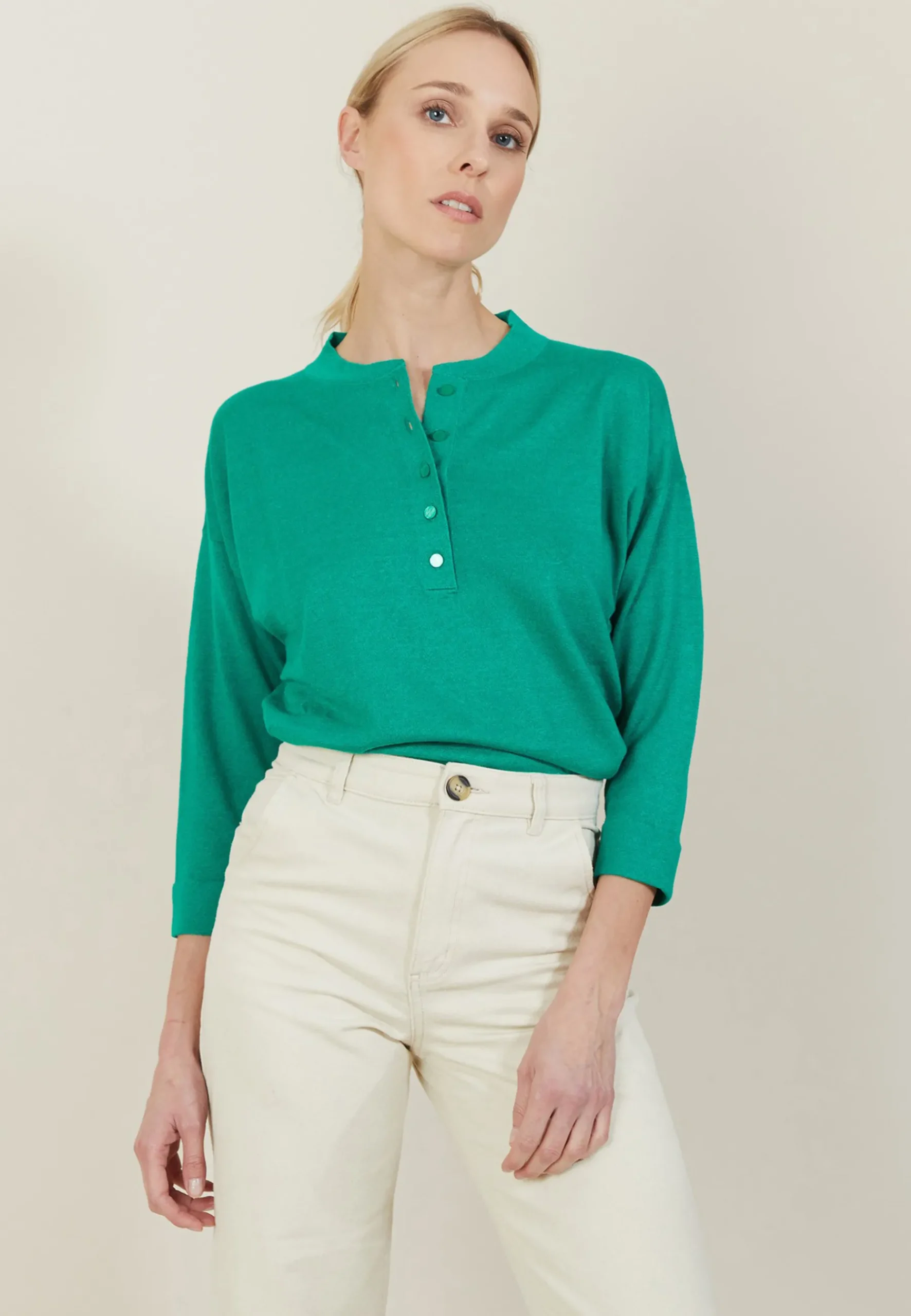 Montagut Pulls-Pull col boutonné en lin cachemire - Naza 22-Vert moyen