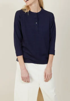 Montagut Pulls-Pull col boutonné en lin cachemire - Naza 05-Bleu marine