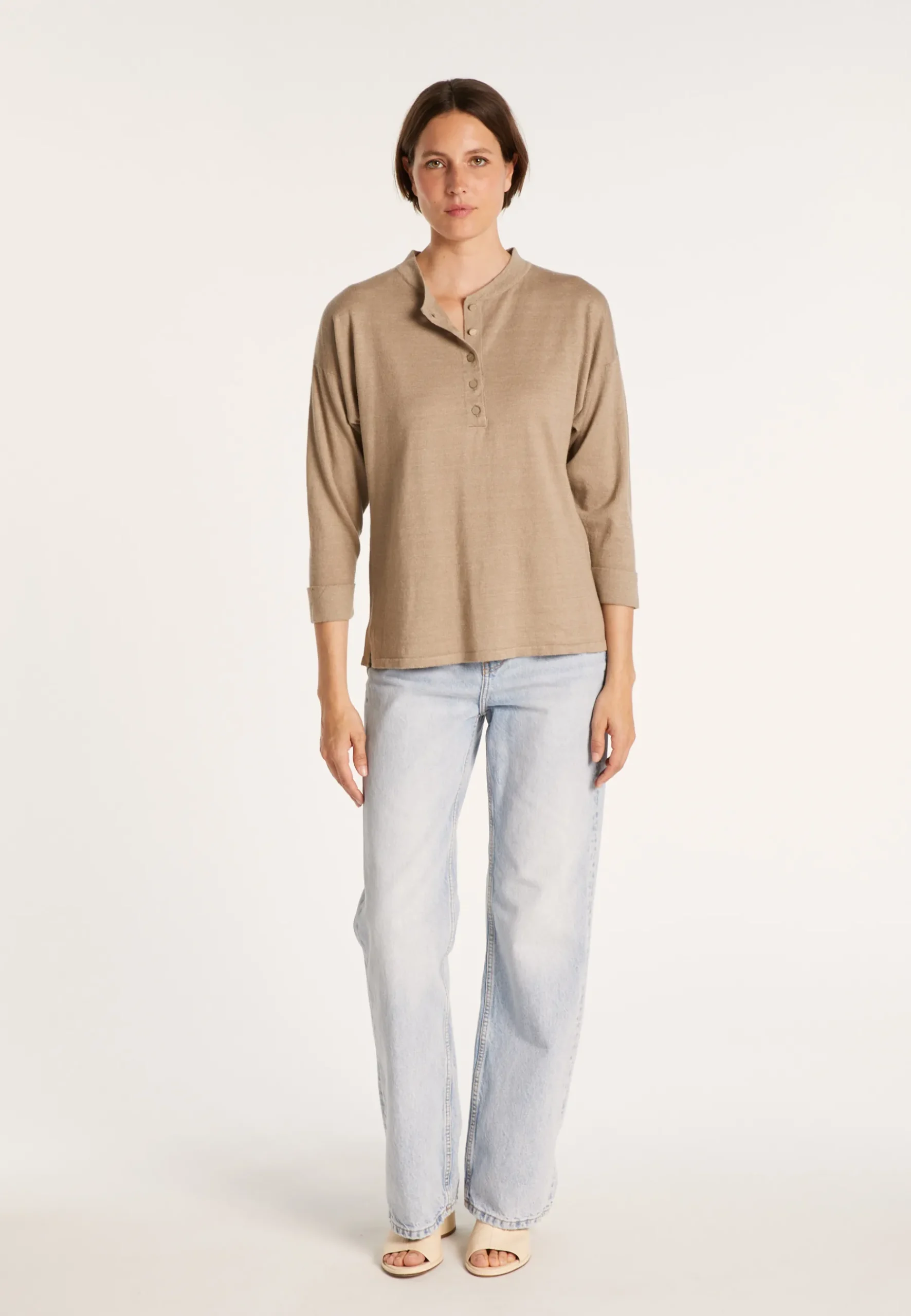 Montagut Pulls-Pull col boutonné en lin cachemire - Naza 14-Beige foncé