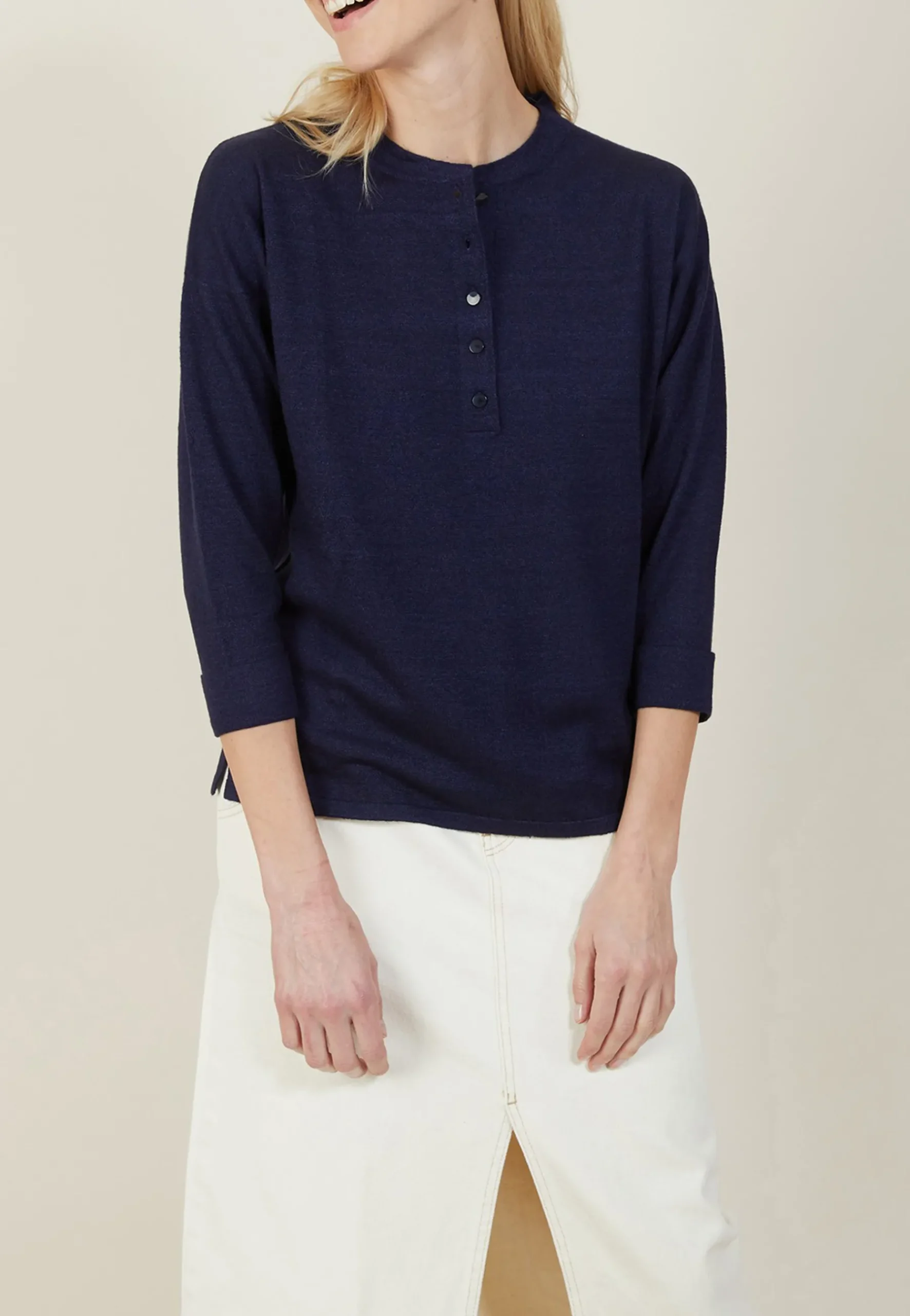 Montagut Pulls-Pull col boutonné en lin cachemire - Naza 05-Bleu marine