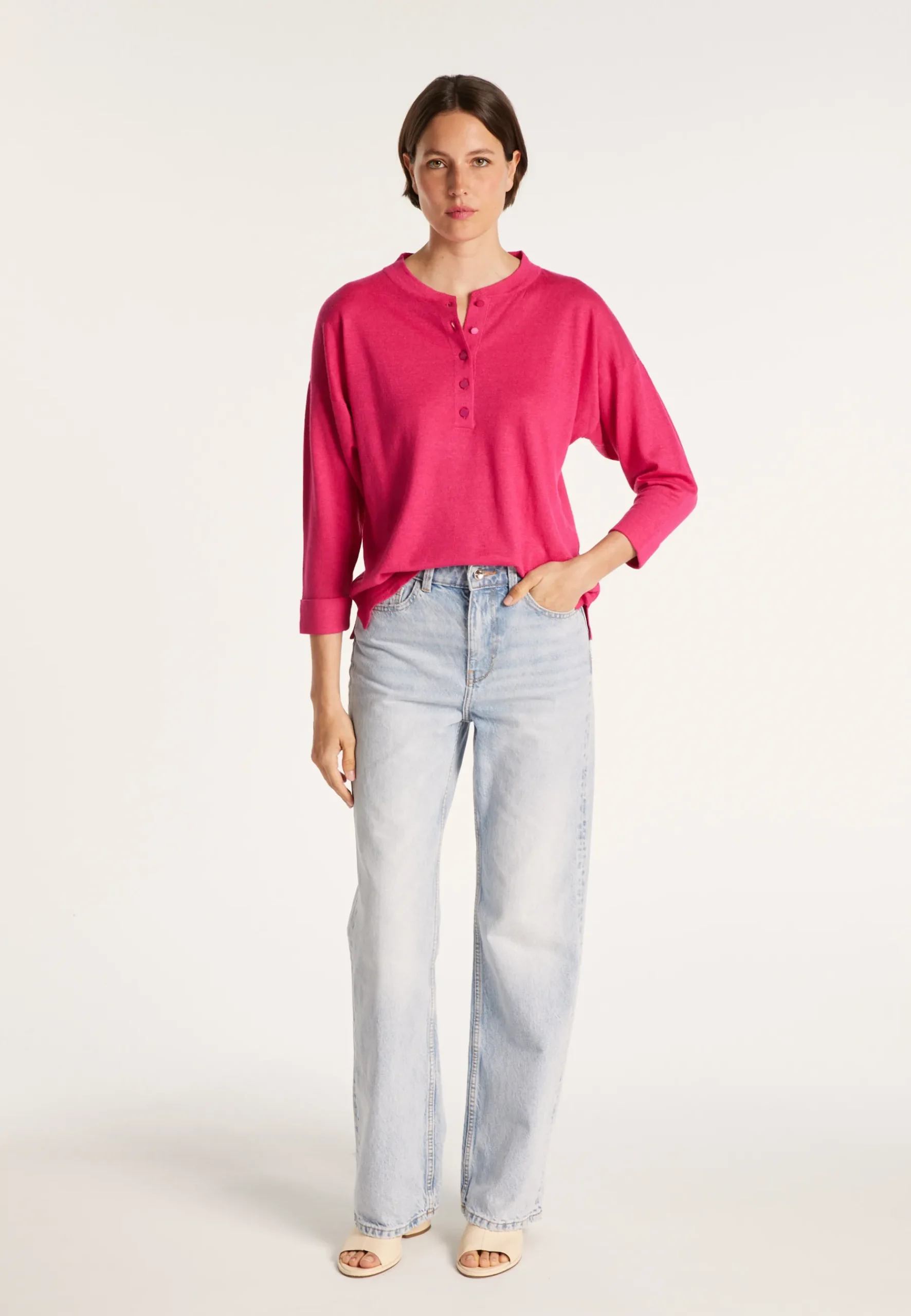 Montagut Pulls-Pull col boutonné en lin cachemire - Naza 91-Fuchsia
