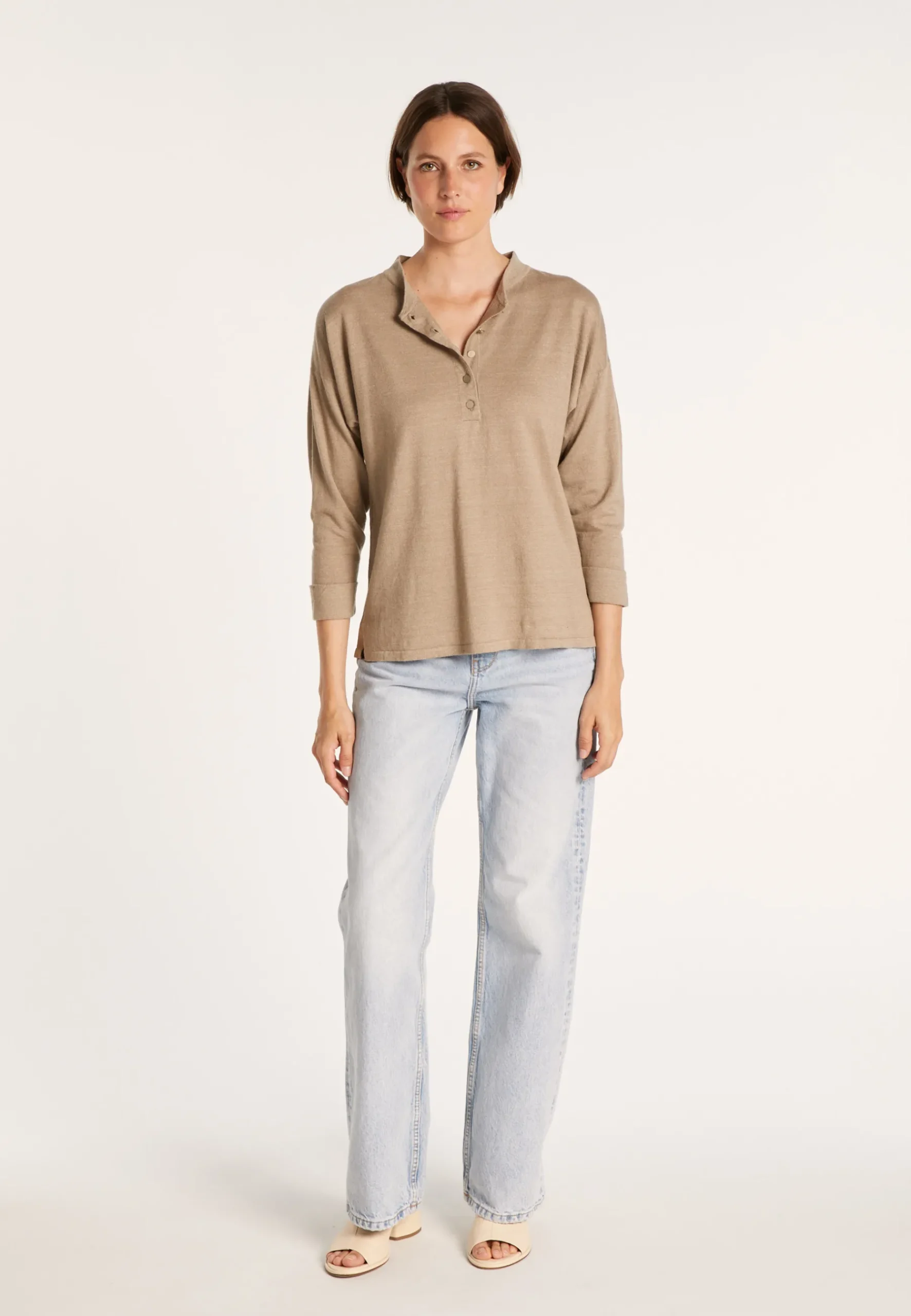 Montagut Pulls-Pull col boutonné en lin cachemire - Naza 14-Beige foncé