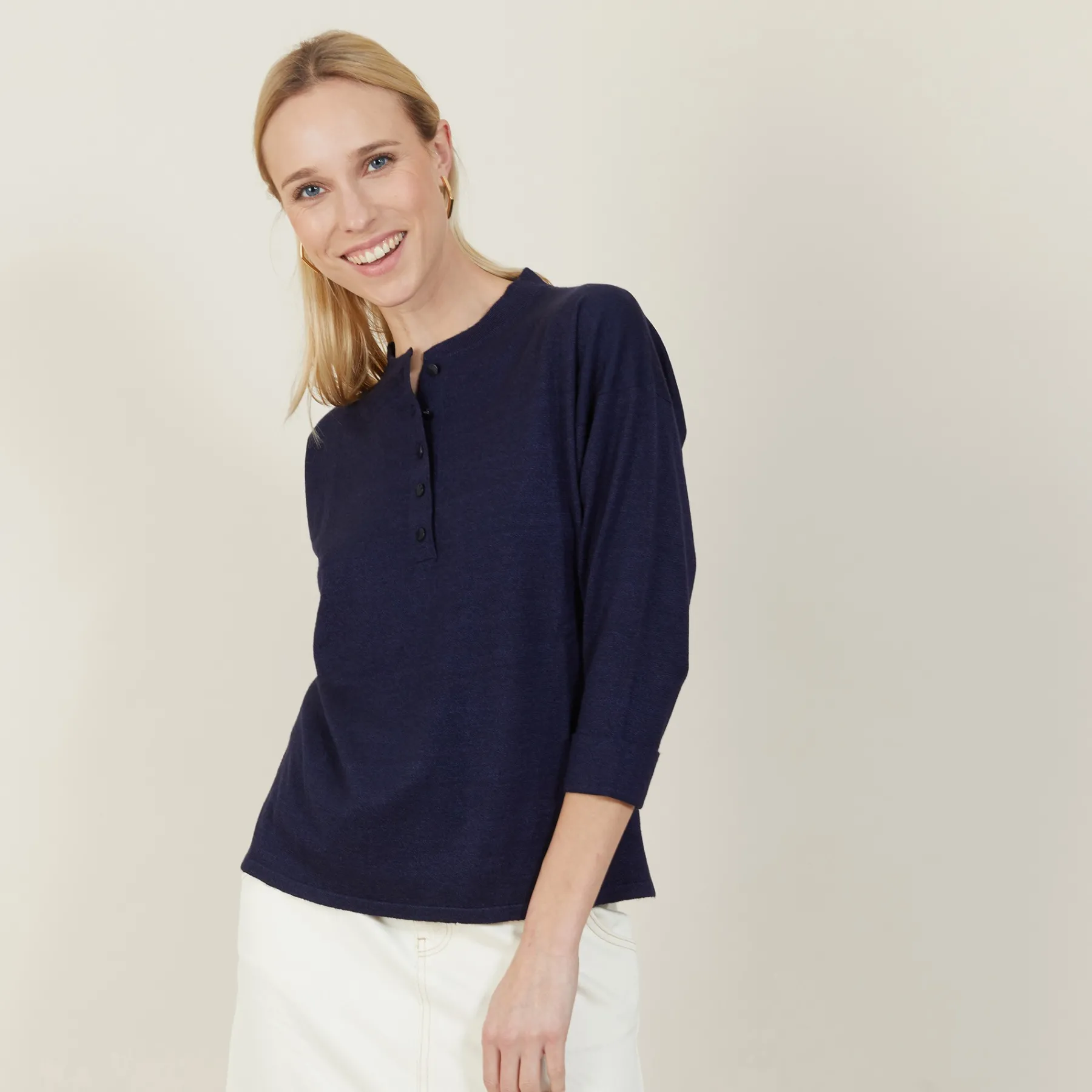 Montagut Pulls-Pull col boutonné en lin cachemire - Naza 05-Bleu marine