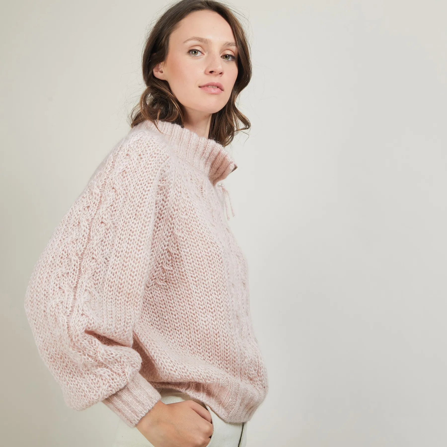 Montagut Pulls-Pull col montant zippé en mohair - Gilda 24-Rose clair