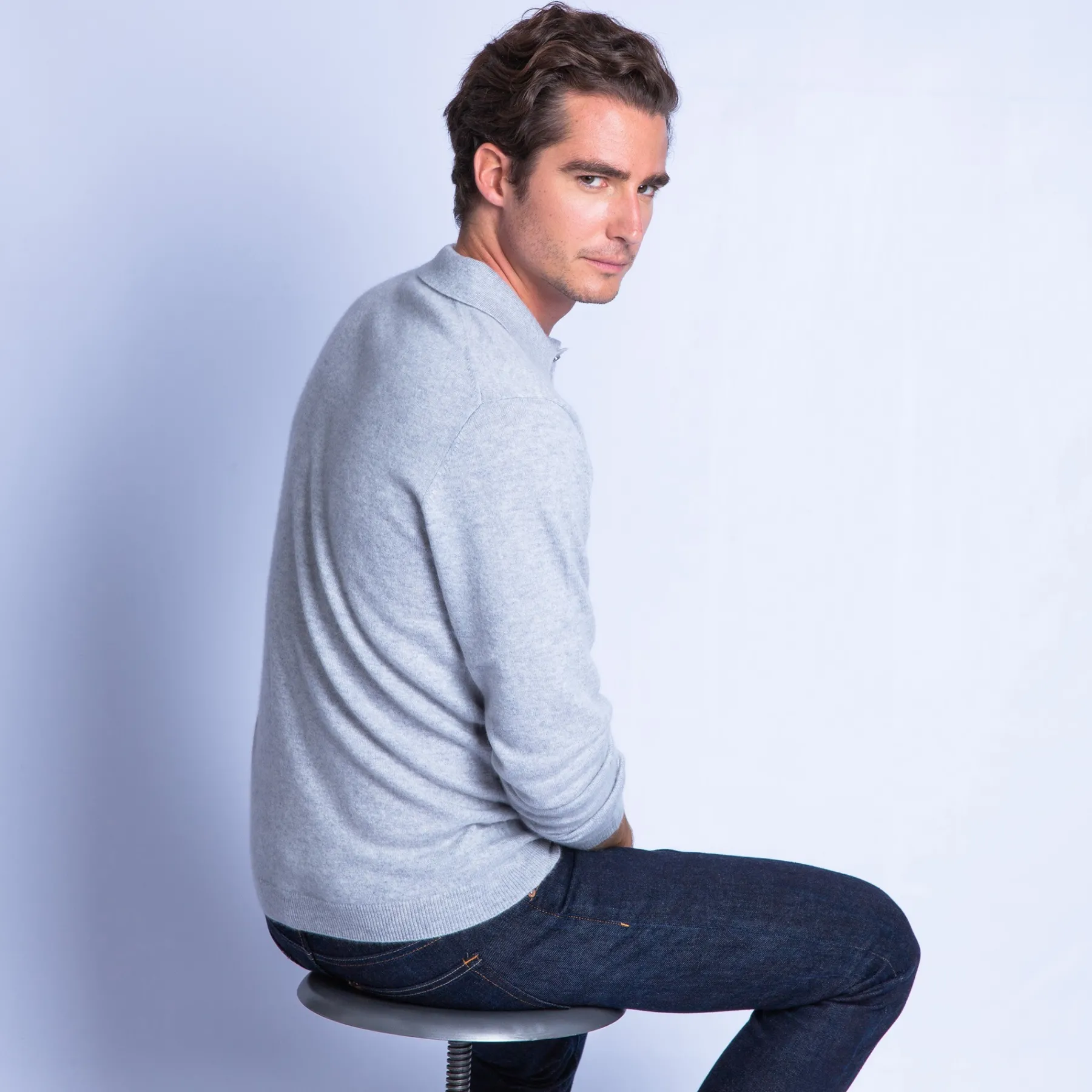 Montagut Les Incontournables-Pull col polo en cachemire - Franklin 11-Gris clair