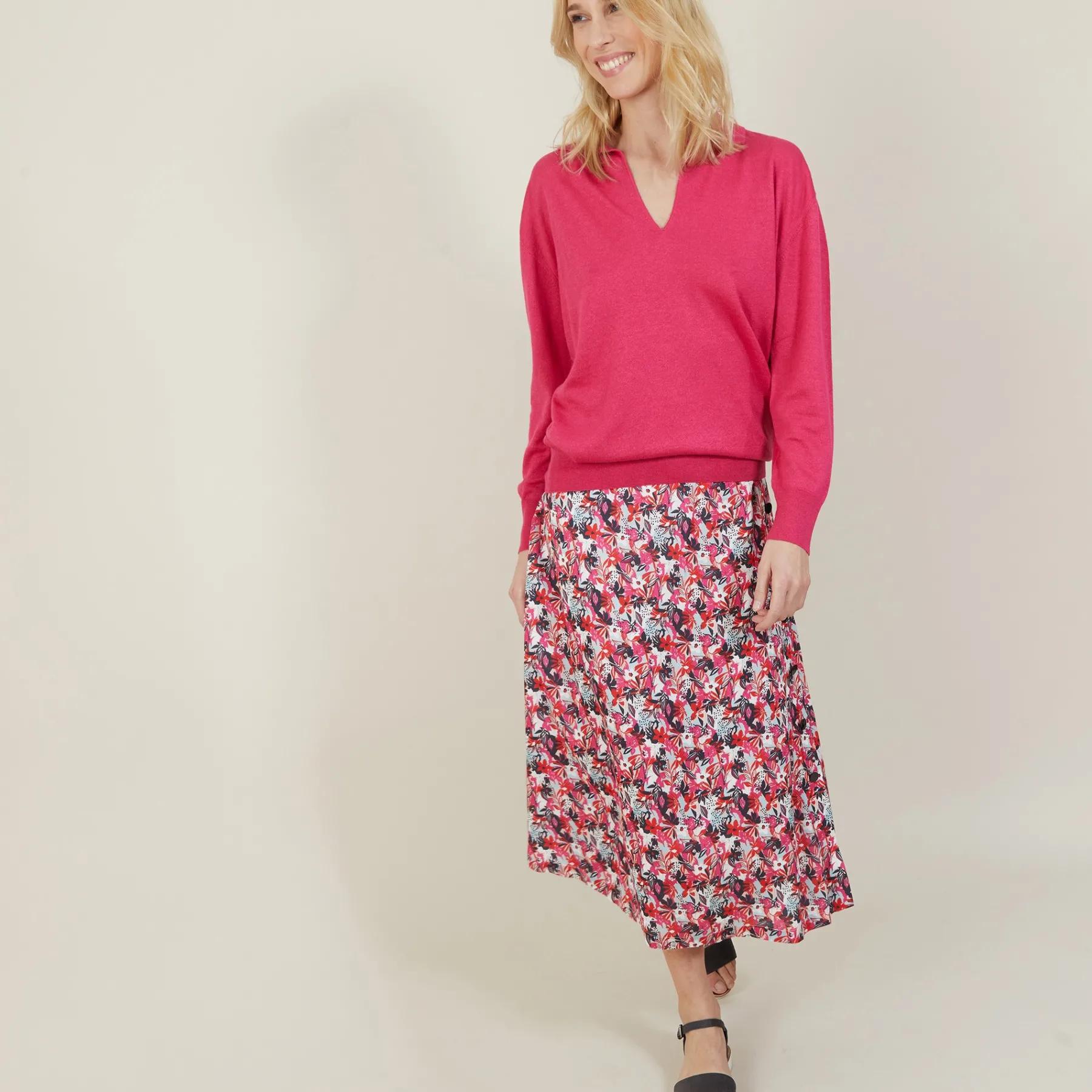 Montagut Pulls-Pull col polo en lin cachemire - Bilbao 91-Fuchsia