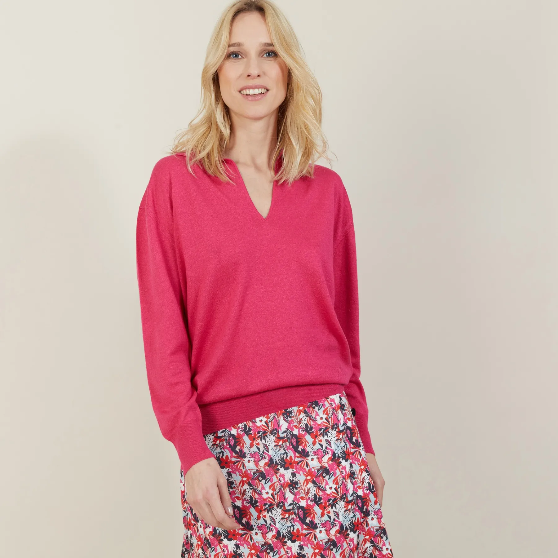 Montagut Pulls-Pull col polo en lin cachemire - Bilbao 91-Fuchsia