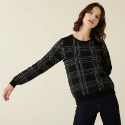 Montagut Pulls-Pull col rond à carreaux en laine alpaga - Carin 01-Noir