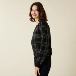 Montagut Pulls-Pull col rond à carreaux en laine alpaga - Carin 01-Noir