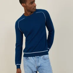 Montagut Pulls-Pull col rond bicolore en cachemire light - Percy 06-Bleu moyen