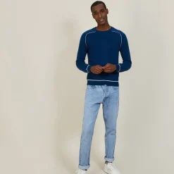 Montagut Pulls-Pull col rond bicolore en cachemire light - Percy 06-Bleu moyen