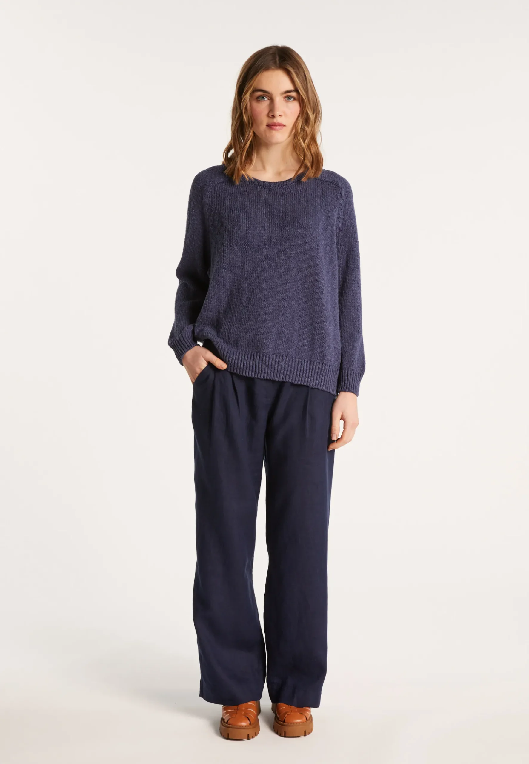 Montagut Pulls-Pull col rond coton et lin - Nicky 03-Bleu foncé