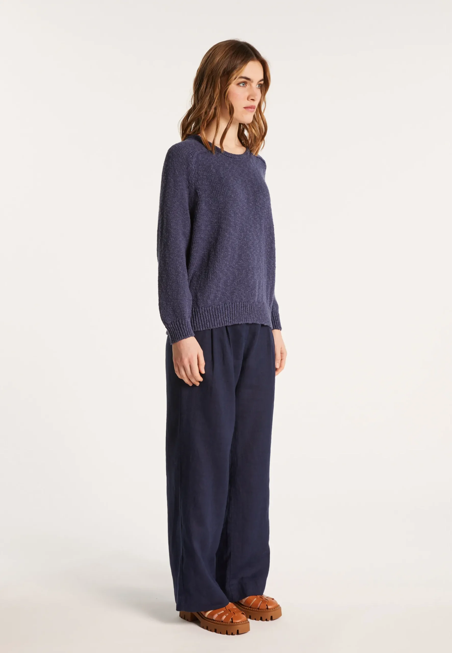Montagut Pulls-Pull col rond coton et lin - Nicky 03-Bleu foncé