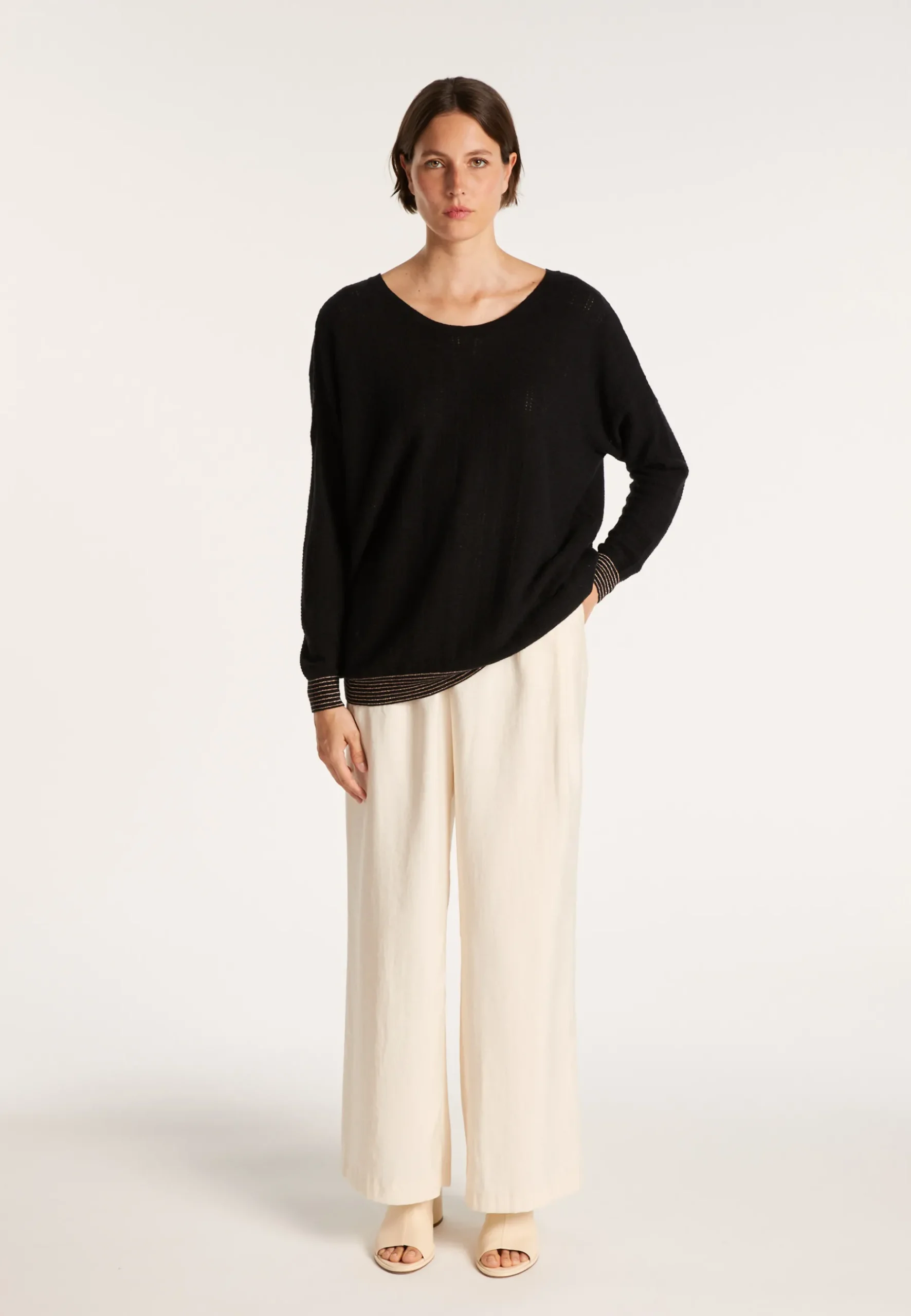 Montagut Pulls-Pull col rond en cachemire lin - Ambre 01-Noir