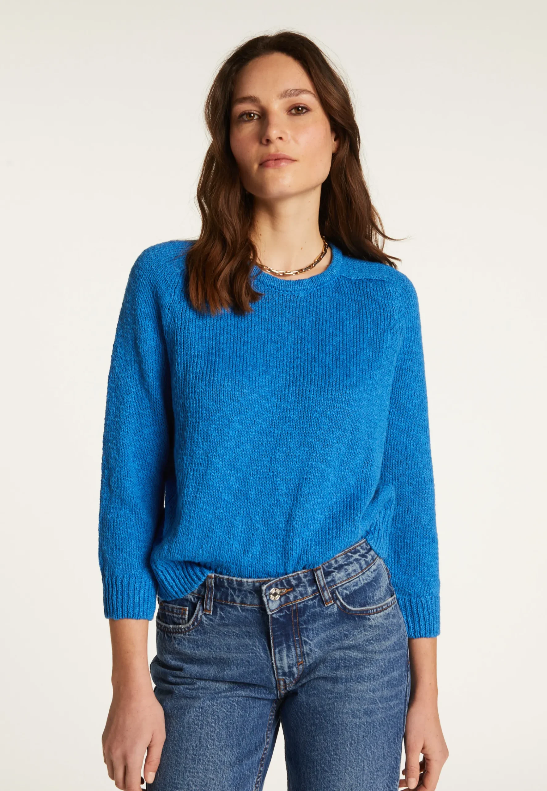 Montagut Pulls-Pull col rond en coton et lin - Nicky 06-Bleu moyen