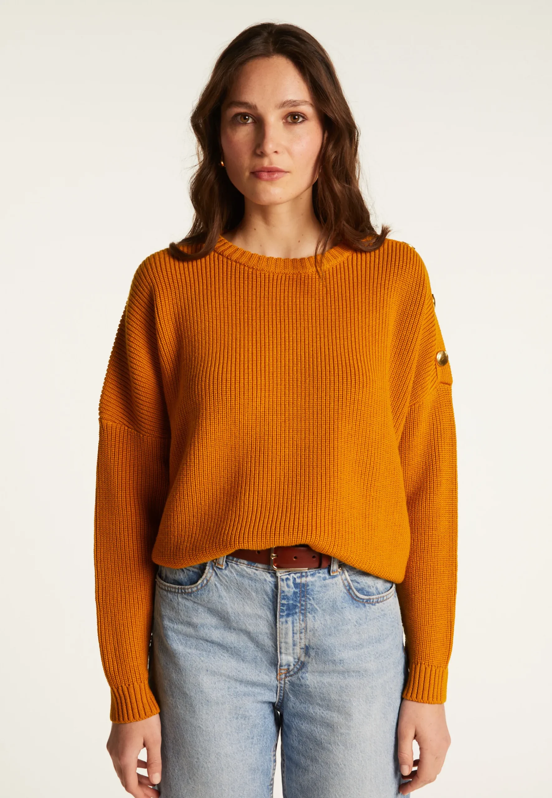 Montagut Pulls-Pull col rond épaule boutonnée en laine mérinos - Gao 89-Moutarde