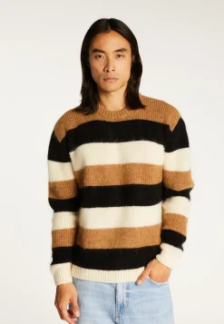 Montagut Pulls-Pull col rond rayé tricolore en mohair - Fox 88-Camel
