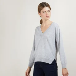 Montagut Pulls-Pull col V à fentes en cachemire - Barnabe 09-Gris moyen