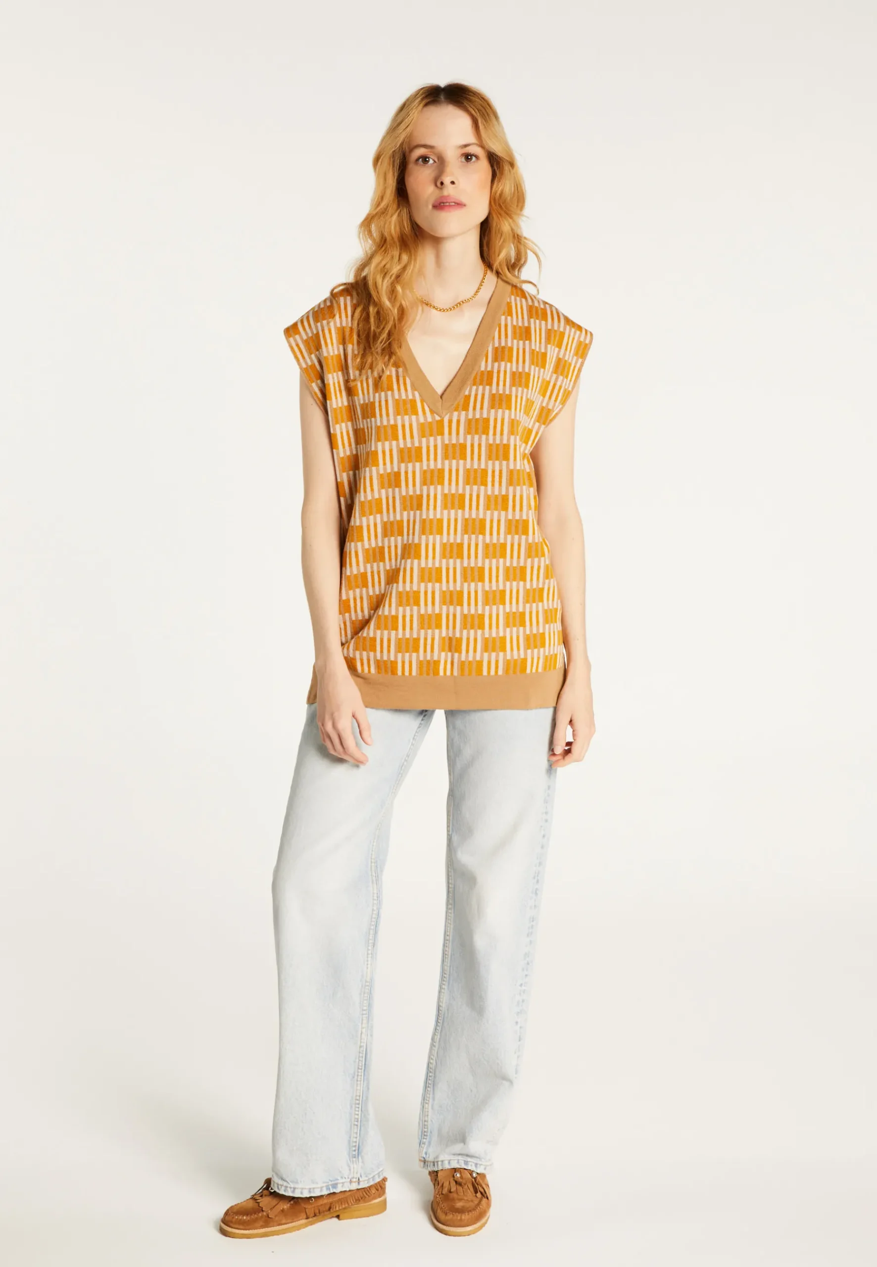 Montagut Pulls-Pull col V à motifs en laine mérinos sans manches - Ganael 15-Orange