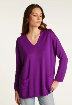 Montagut Les Incontournables-Pull col V à poches laine mérinos - Albertine 17-Violet