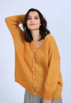 Montagut Pulls-Pull col V avant et arrière en mohair - Simon 89-Moutarde