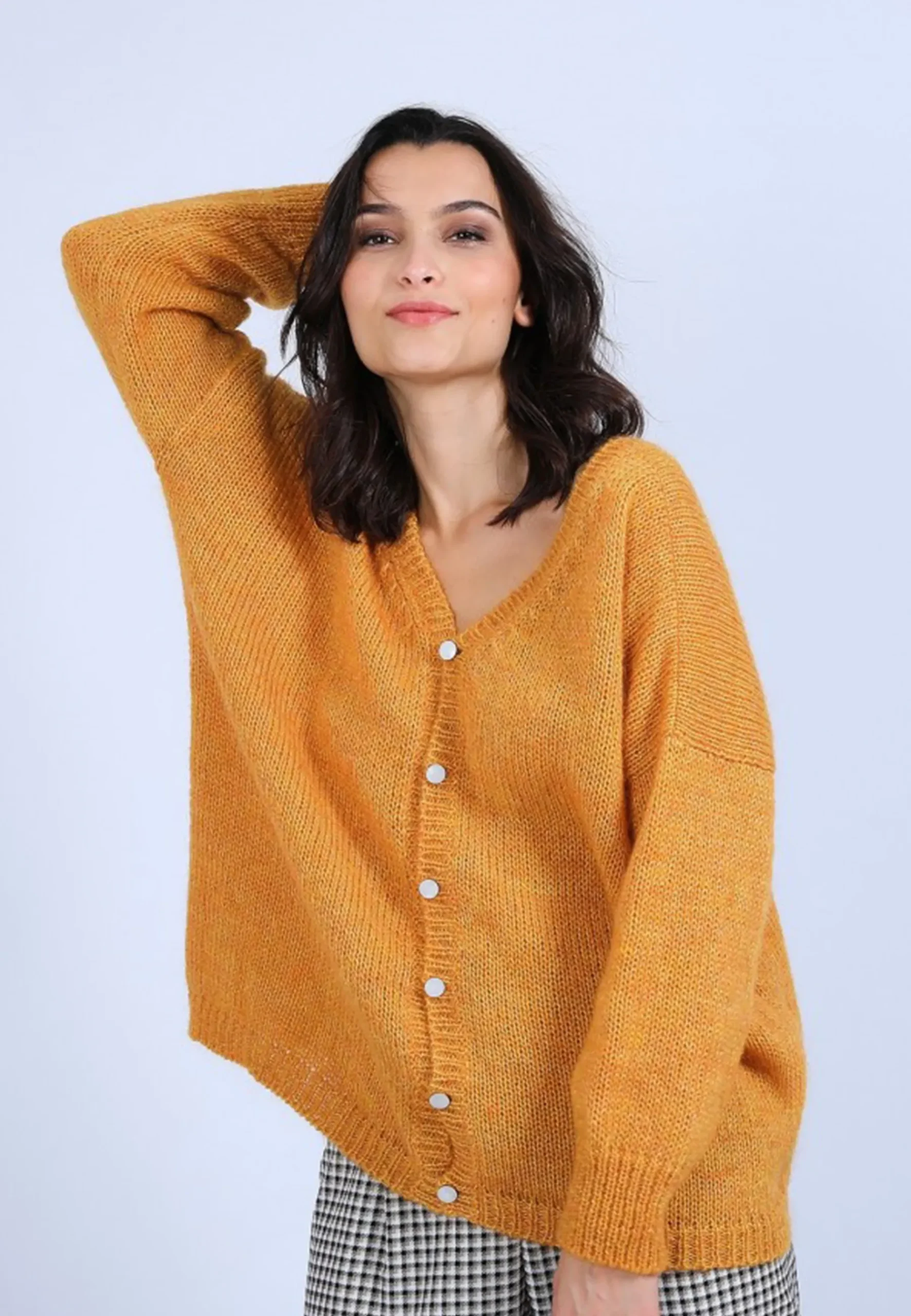 Montagut Pulls-Pull col V avant et arrière en mohair - Simon 89-Moutarde