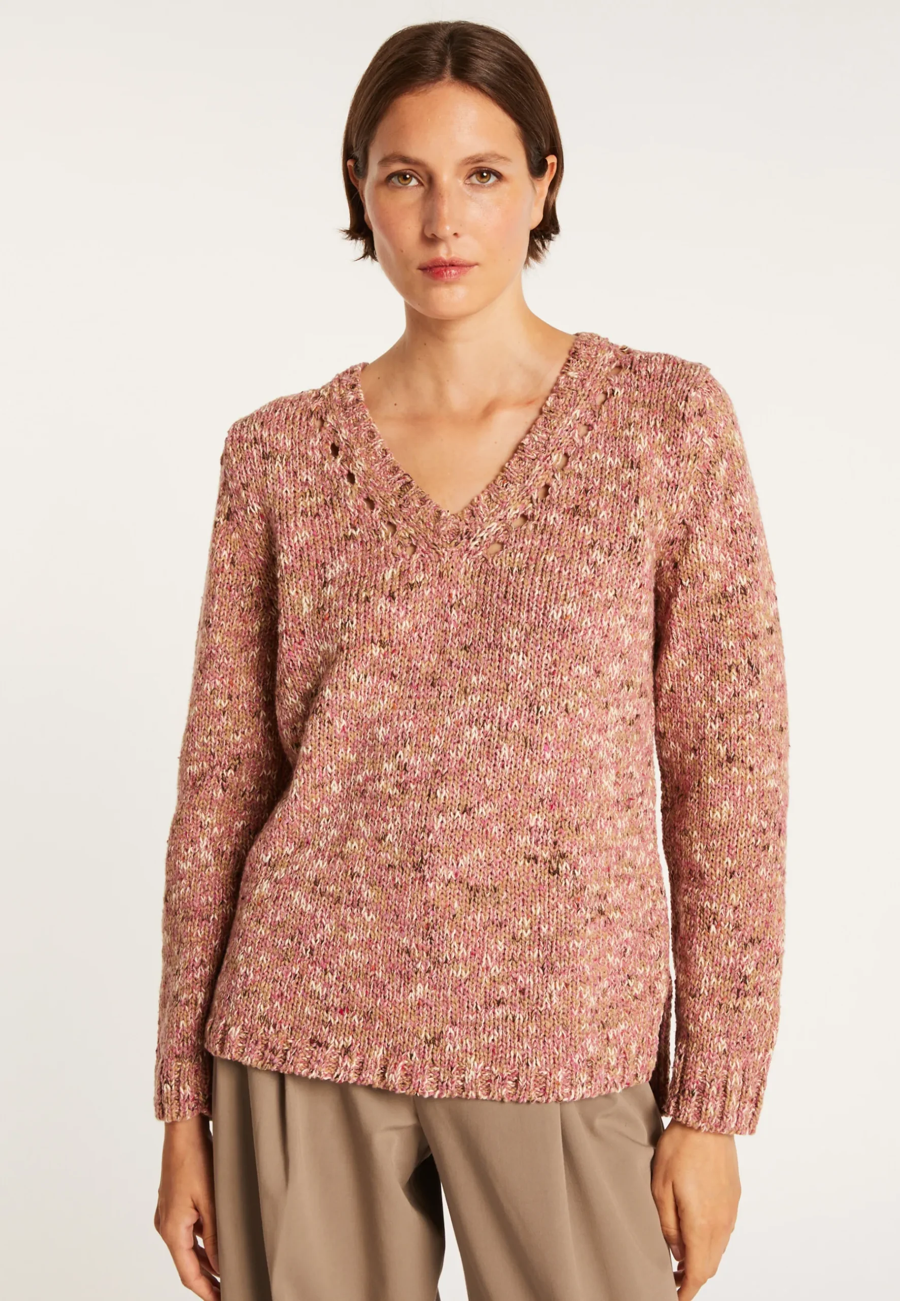 Montagut Pulls-Pull col V chiné - Promesse 25-Rose moyen