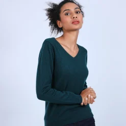 Montagut Les Incontournables-Pull col V en cachemire - Bijou 21-Vert foncé