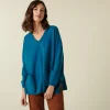 Montagut Les Incontournables-Pull col V en cachemire à fentes côtés - Accacia 06-Bleu moyen