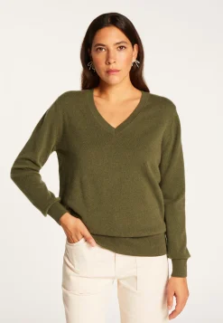 Montagut Les Incontournables-Pull col V en cachemire - Abel 83-Kaki