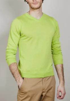 Montagut Pulls-Pull col V en cachemire et lin - Banderas 90-Vert anis