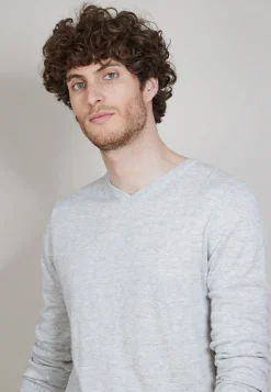 Montagut Pulls-Pull col V en cachemire et lin - Banderas 11-Gris clair