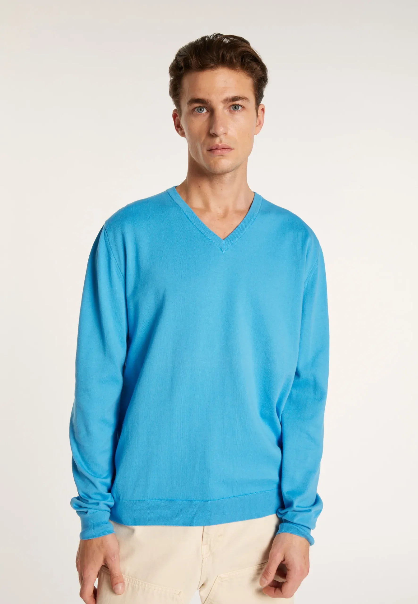 Montagut Pulls-Pull col V en coton naturel - Bouddi 06-Bleu moyen
