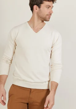 Montagut Pulls-Pull col V en coton naturel - Bouddi 12-Beige clair