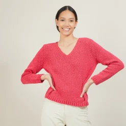 Montagut Les Incontournables-Pull col v en laine et soie - Blovis 26-Rose foncé