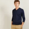 Montagut Pulls-Pull col V en laine et soie - Basil 05-Bleu marine
