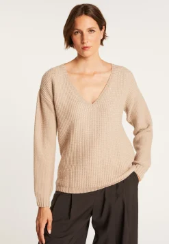 Montagut Pulls-Pull col V en laine mérinos - Soizic 13-Beige moyen