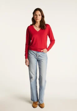 Montagut Les Incontournables | Les Incontournables-Pull col V en laine mérinos - Arya 52-Rouge