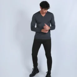 Montagut Pulls-Pull col V en laine mérinos - Elmo 10-Gris foncé
