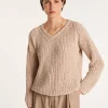 Montagut Pulls-Pull col V en maille côtelée - Bulle 13-Beige moyen