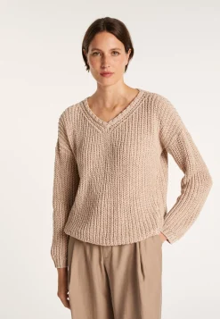 Montagut Pulls-Pull col V en maille côtelée - Bulle 13-Beige moyen