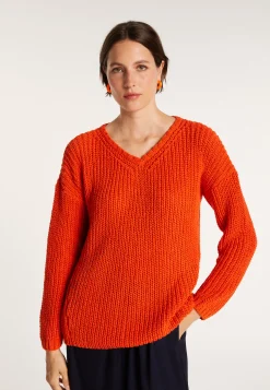 Montagut Pulls-Pull col V en maille côtelée - Bulle 15-Orange