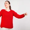 Montagut Pulls-Pull col V en maille côtelée - Bulle 52-Rouge