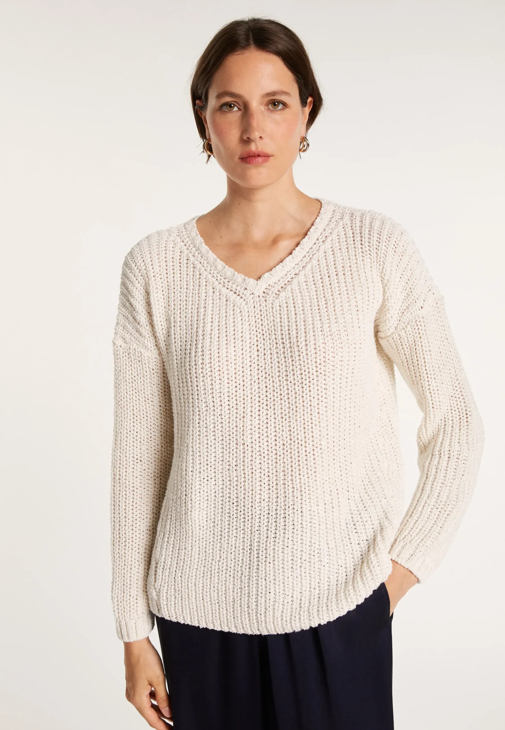 Montagut Pulls-Pull col V en maille côtelée - Bulle 82-Ecru