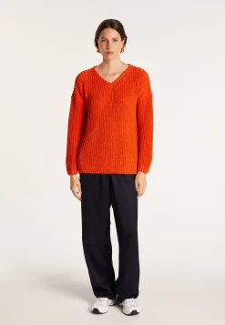 Montagut Pulls-Pull col V en maille côtelée - Bulle 15-Orange