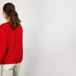 Montagut Pulls-Pull col V en maille côtelée - Bulle 52-Rouge