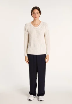 Montagut Pulls-Pull col V en maille côtelée - Bulle 82-Ecru
