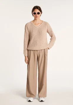 Montagut Pulls-Pull col V en maille côtelée - Bulle 13-Beige moyen